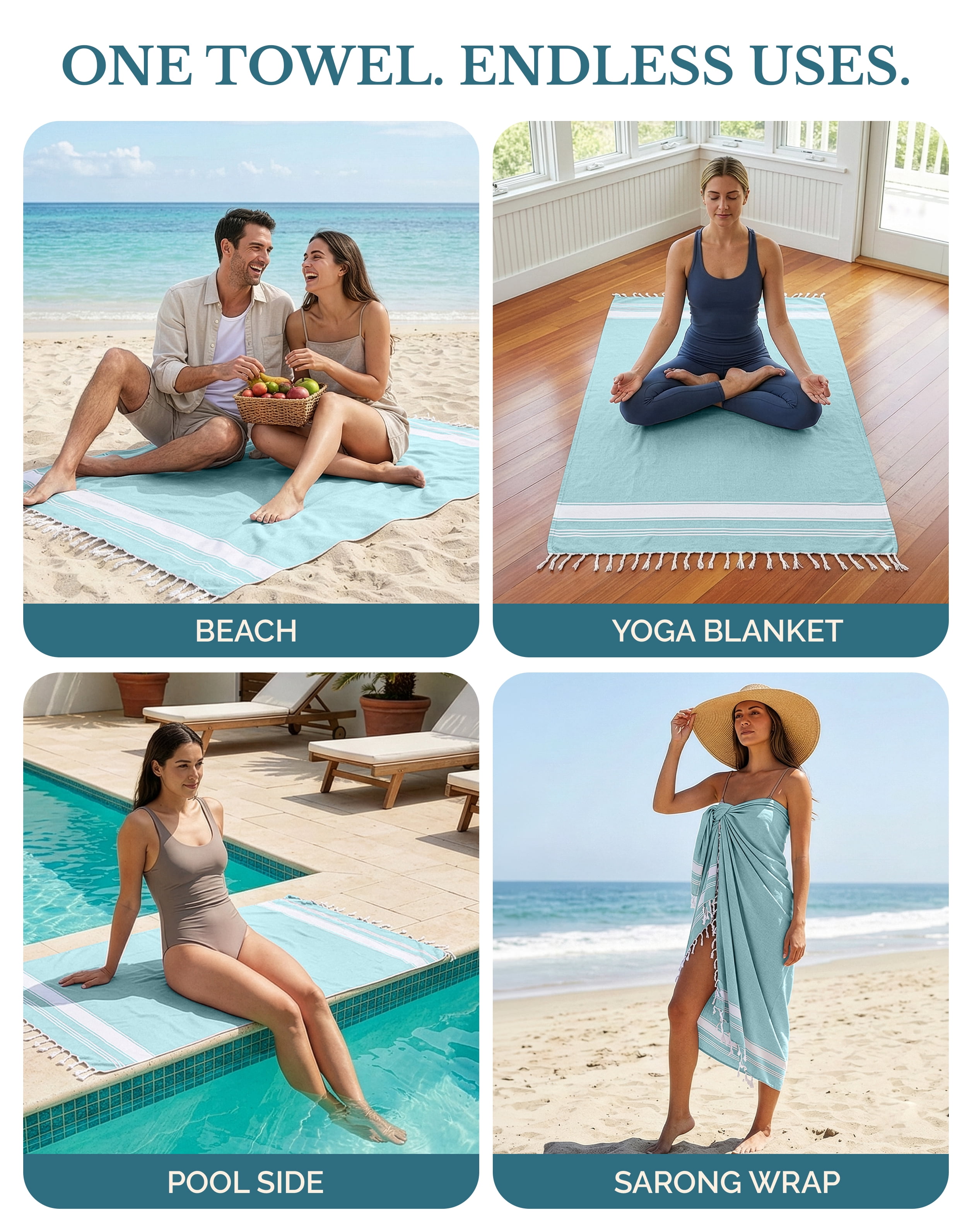 Casa Platino Oversized Cotton Beach Towel Set of 4, Quick Dry Extra Large Towels - Aqua