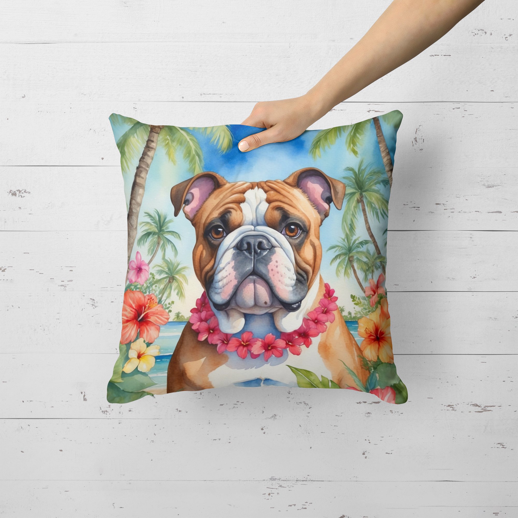 English Bulldog Luau Throw Pillow 18 in x 18 in