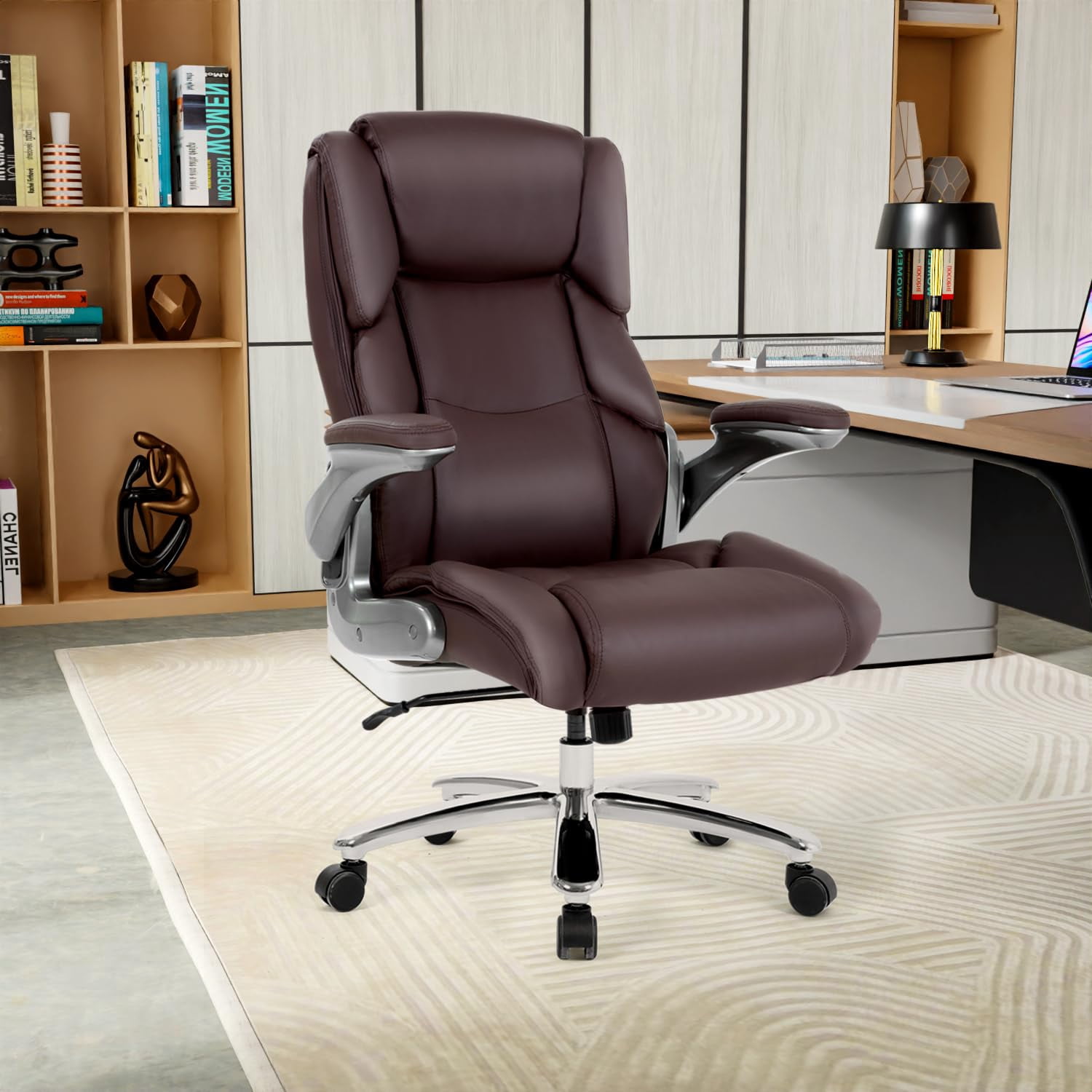 400lbs Big and Tall Office Chair  Ergonomic Desk Chair PU Leather Computer  Chair Adjustable High Back Rolling Chair with Lumbar Support for Adults, Brown