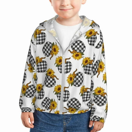 

Goofa plaid Pumpkin Daisy Printed Kids Zip-Up Hoodie Girls Boys UPF50+ Sun Protection Jacket Hooded Cooling Shirt-4 Years