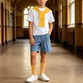 thumbnail image 2 of Boys 4 Pieces Back To School Outfit Round Neck Solid Short Sleeve Tee and Pockets Denim Shorts and Shawl and Knee High Socks Performance Outfits Casual Clothes Set 3-16 Years, 2 of 9