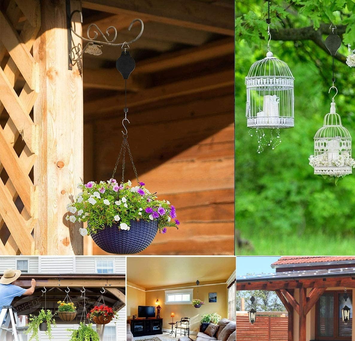 Adjustable Plant Pulley Retractable Hanging Planters Flower Basket Hook Hanger for Gardening Pot and Outdoor Birds Feeders in Different Height Lower and Raise Pack of 3 Pieces