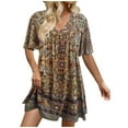thumbnail image 3 of PiGOGI Women's Printed V-Neck Dress Short Sleeve Casual Flowy Summer Dress with Pockets Yellow XL, 3 of 8