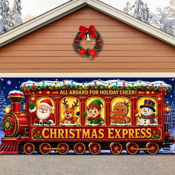 16x7ft Red Christmas Express Train Garage Door Cover for Holiday Outdoor