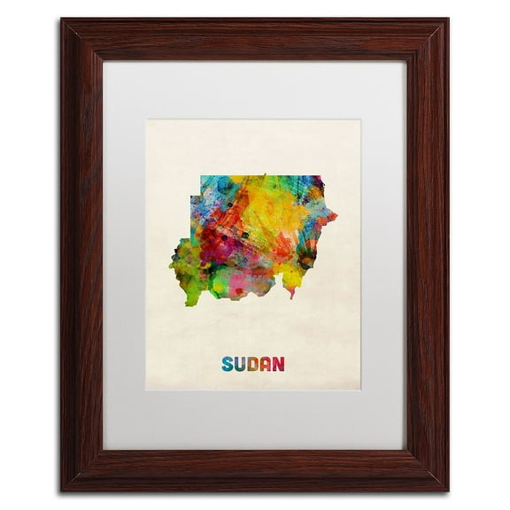 Trademark Fine Art 'Sudan Watercolor Map' Canvas Art by Michael Tompsett, White Matte, Wood Frame