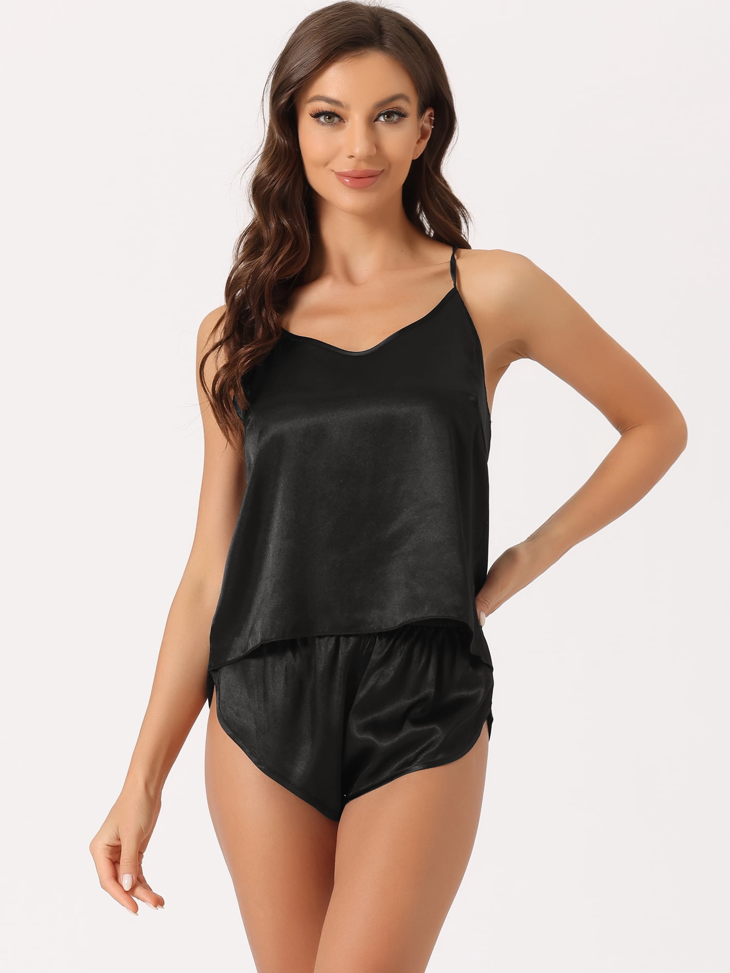 DARING DIVA Women's Satin Backless Lingerie Tops with Shorts Cami Pajamas Sets XL Black
