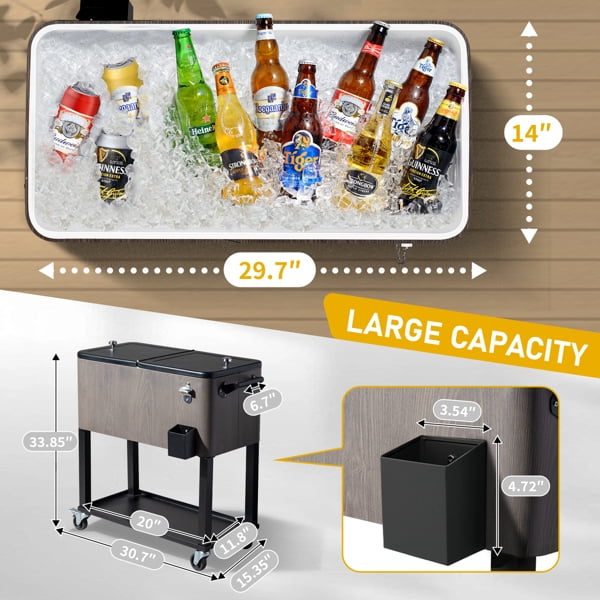 Alvantor 80 QT Patio Rolling Cooler Cart with Shelf, Bottle Opener and Cap Catcher, Gray