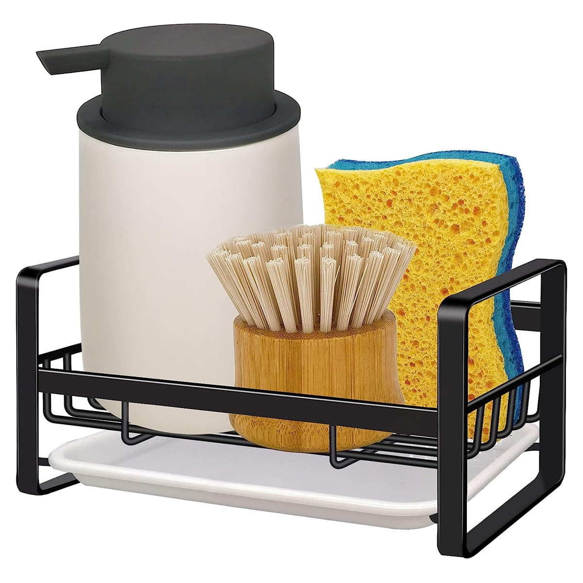 Organizador Para Fregadero De Cocina Y Baño Con Escurridor, Adhesivo Y Superficie De Trabajo, Cepillo De Esponja De Doble Uso, Soporte De Jabonera De Acero Inoxidable (negro