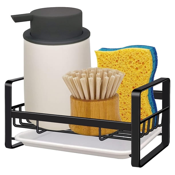 Soporte para jabón de platos para fregadero de cocina, espacio de almacenamiento de acero inoxidable con bandeja de goteo extraíble para secar sobre encimera, fondo hueco que mejora el drenaje