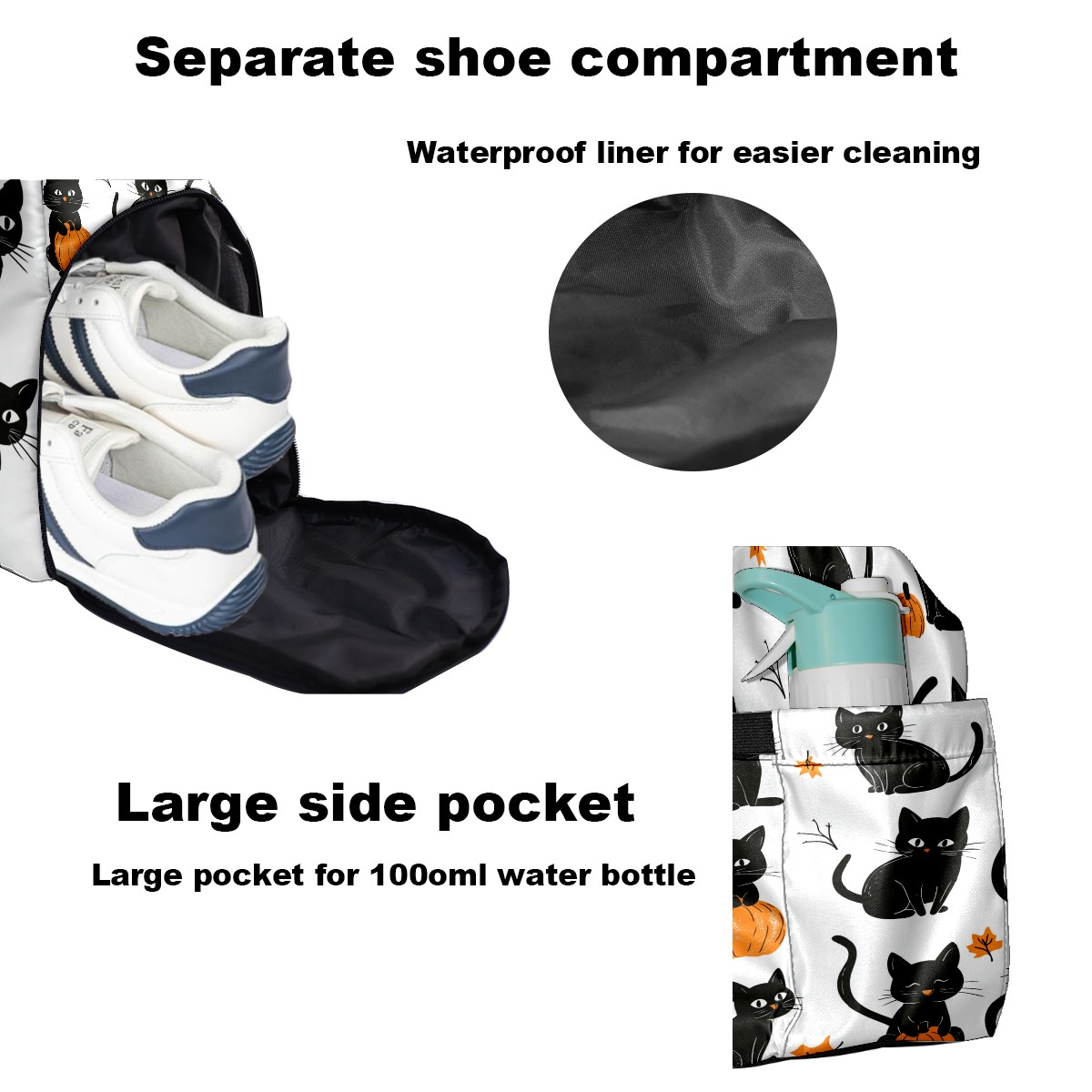 Large Gym Bag with Shoe Compartment, Water-Resistant Duffle Bag for Men and Women, Halloween Black Cats Sports Tote for Workout Travel