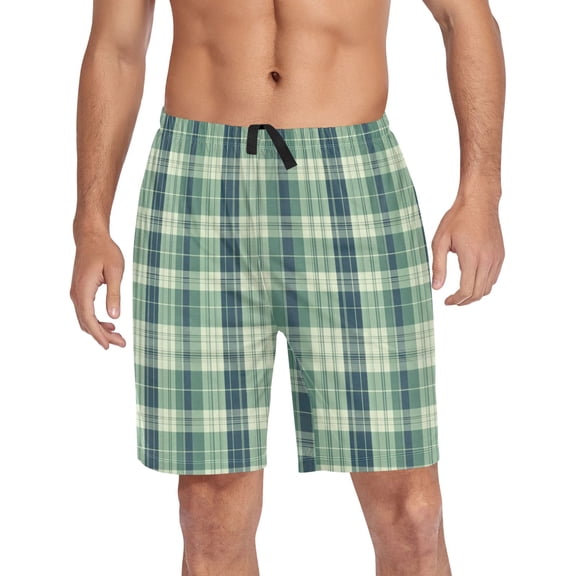 Men’s Sleep Shorts Relaxed Fit Lounge Pants with Pockets Mens Pajama Loungewear Home Wear Comfort Green Tartan Pattern Small