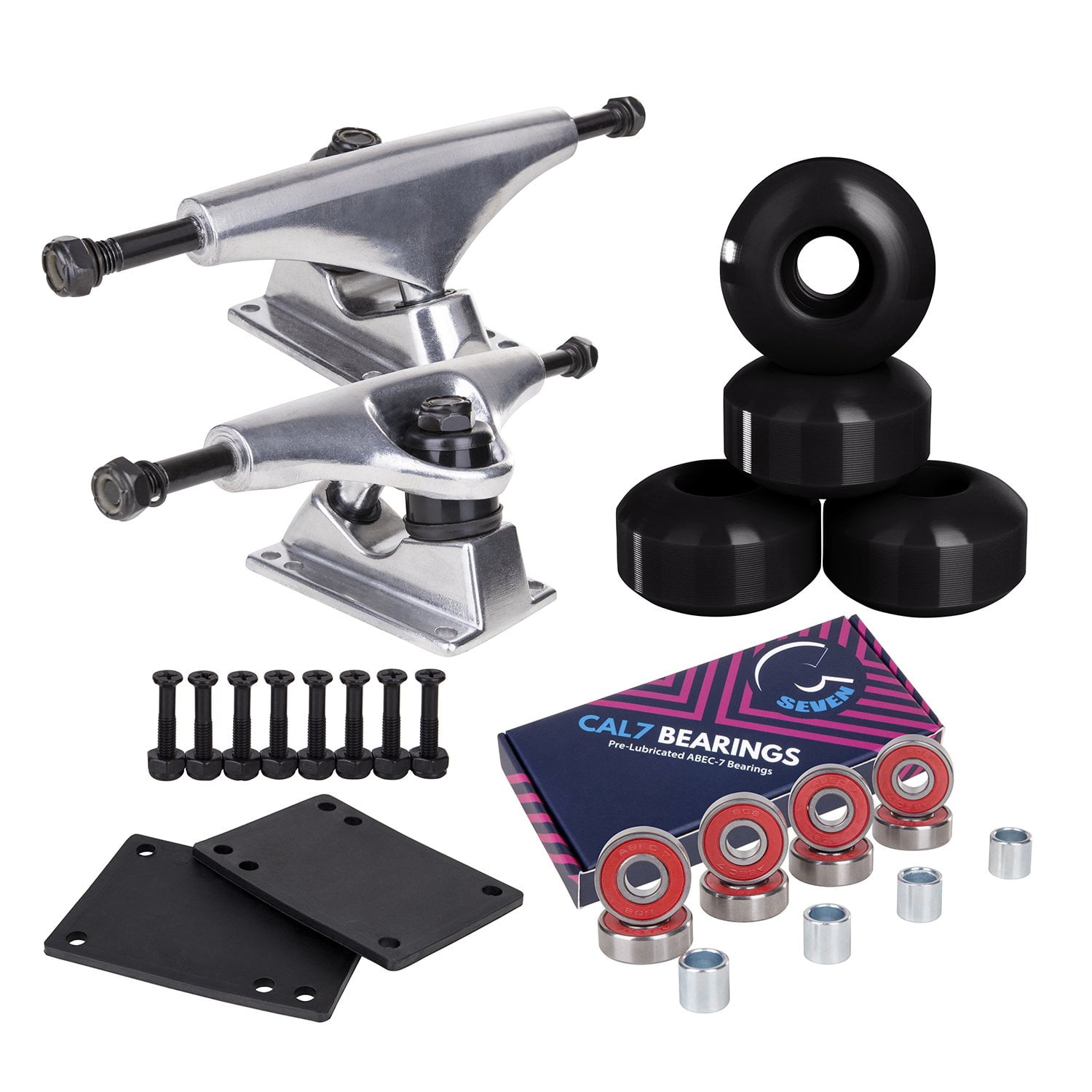 Cal 7 Skateboard Package Combo with 5 In. Trucks, 52 mm 99 A Wheels,  Complete Set of Bearings and Steel Hardware Silver Trucks, Black Wheels