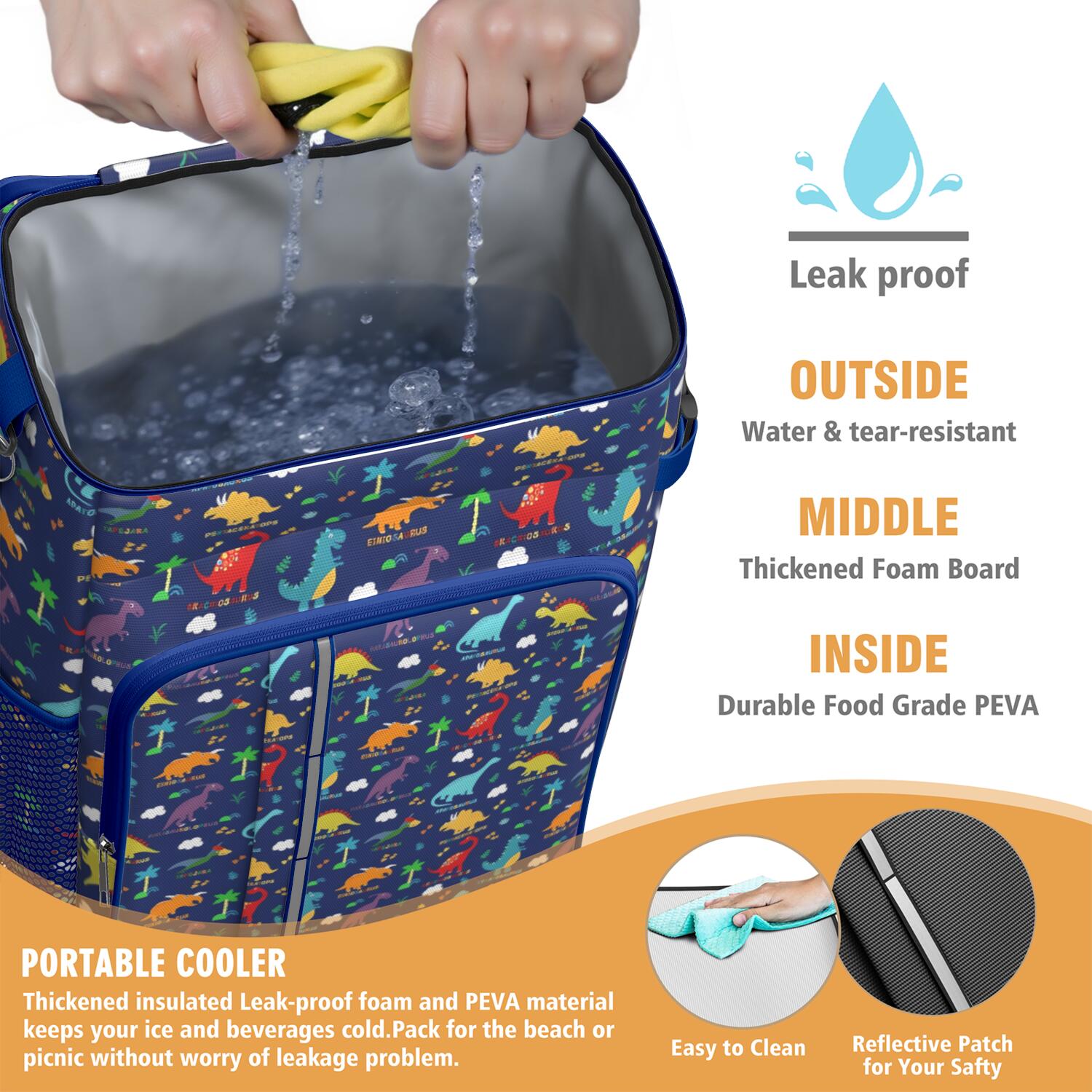 Travel Cooler Bag - Colorful Dinosaurs Names Palms Clouds Pattern Camping Beer Cooler Backpack with Bottle Opener- Waterproof Insulated Picnic Backpacks - Cooler Bag for Beach