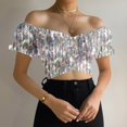 thumbnail image 2 of Blusa corta fruncida con hombros descubiertos y estampado de manga corta sin tirantes para mujer Pompotops hkajfhjk473544, 2 of 6