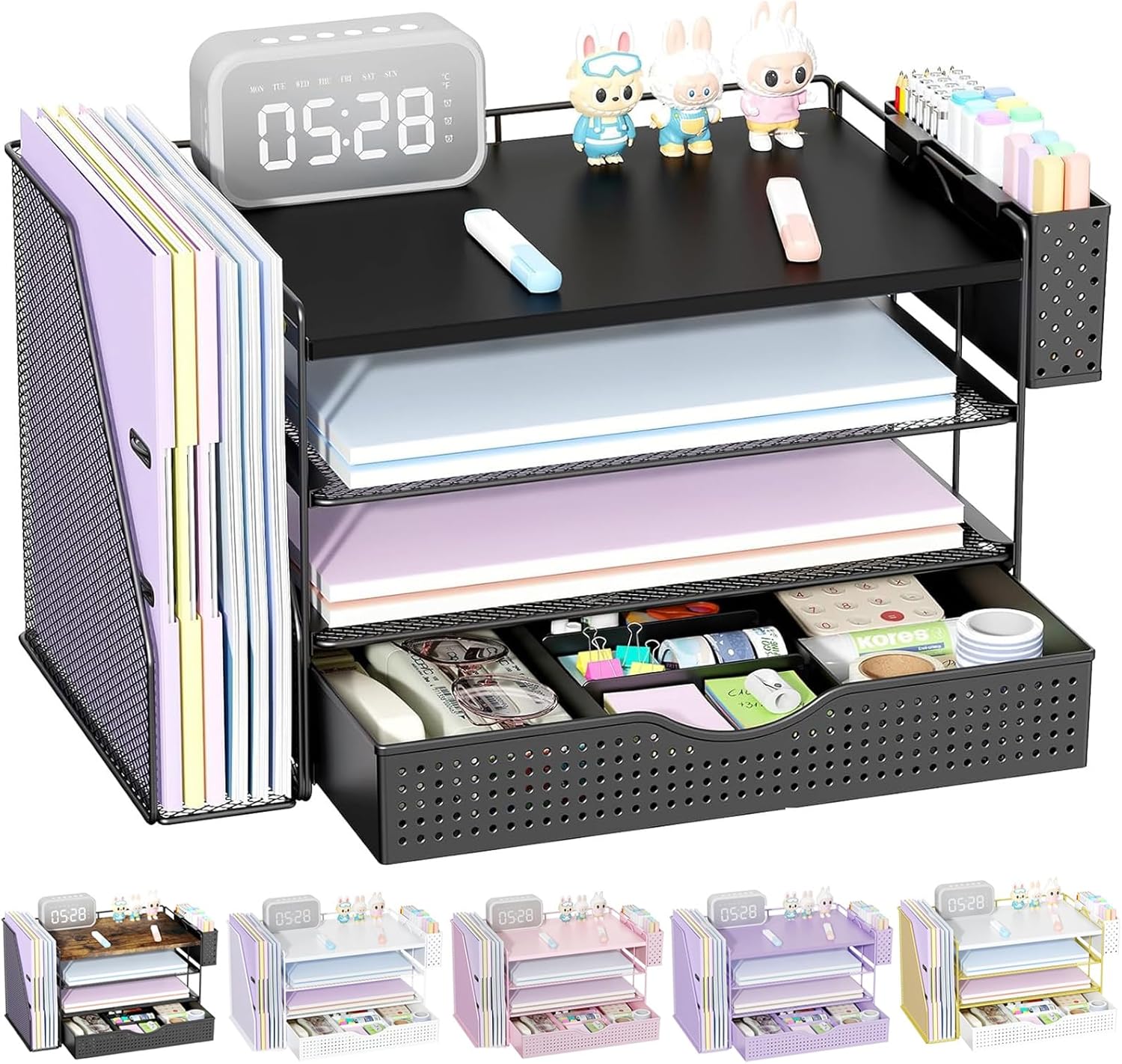 Wood Desk Organizers and Accessories with File Holder, 4-Tier Desk Accessories & Workspace Organizers with Drawer and Pen Holder, Paper Organizer for Office Supplies (Black)