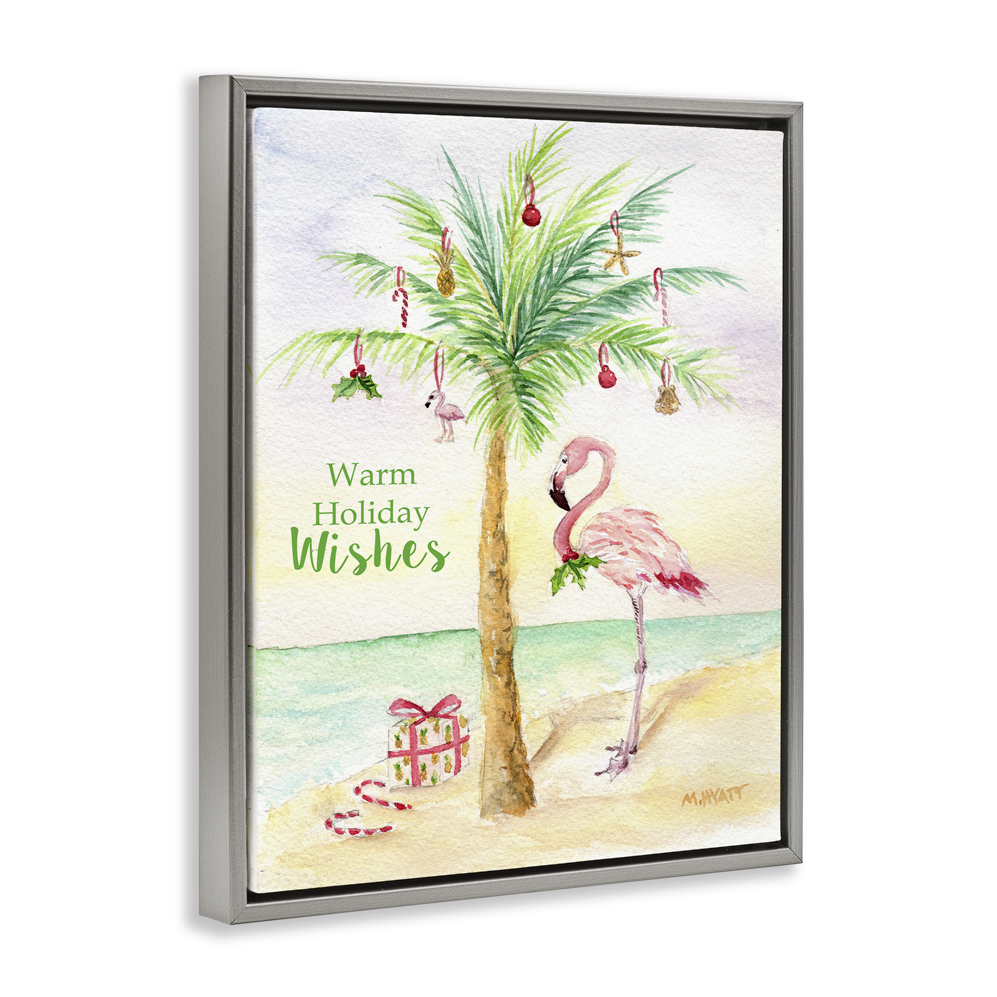 Stupell Industries Tropical Flamingo Christmas Holiday Painting Gray Floater Framed Canvas Art Print Wall Art, 25 x 31