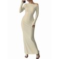 thumbnail image 2 of Women'S Fall Spring Fashion Long Sleeve Floral Print Tight Fitted Party Club Ruched Maxi Dresses Pure Khaki XXL, 2 of 8