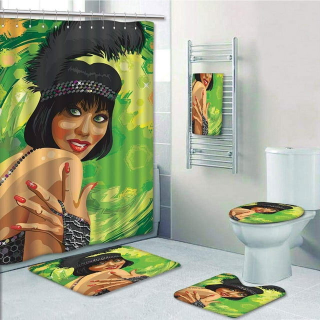 EREHome Vintage Rétro Femme Portrait dans la Vieille Mode Élégante Robe Glamour Artsy 5 Pièce Salle de Bain Ensemble Douche Rideau Serviette de Bain Tapis de Bain Contour Tapis et Couvercle de WC