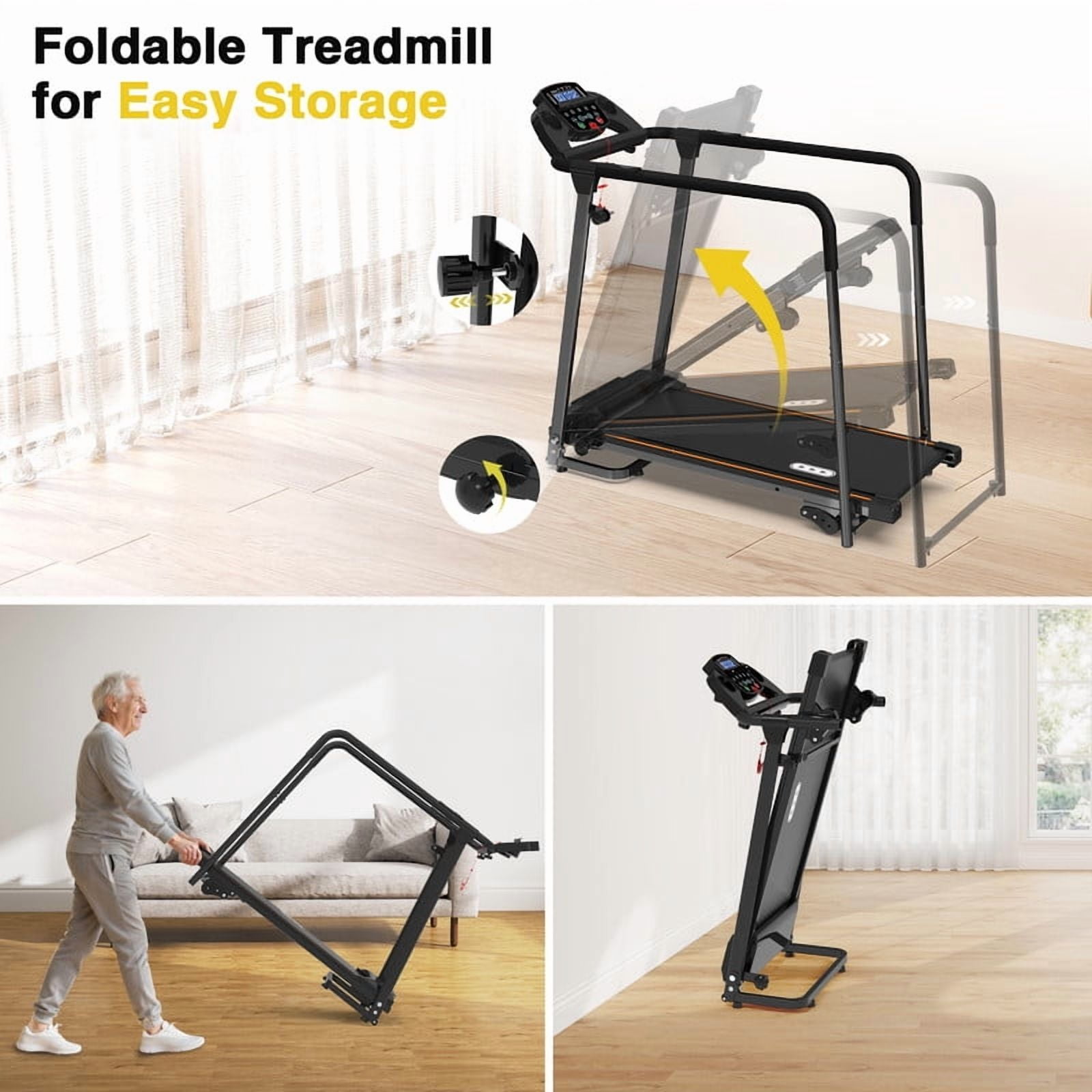 Redliro Walking Treadmill for Seniors with Long Handrails, Foldable Incline Treadmil, 265lbs Compact Treadmill for Home Exercise