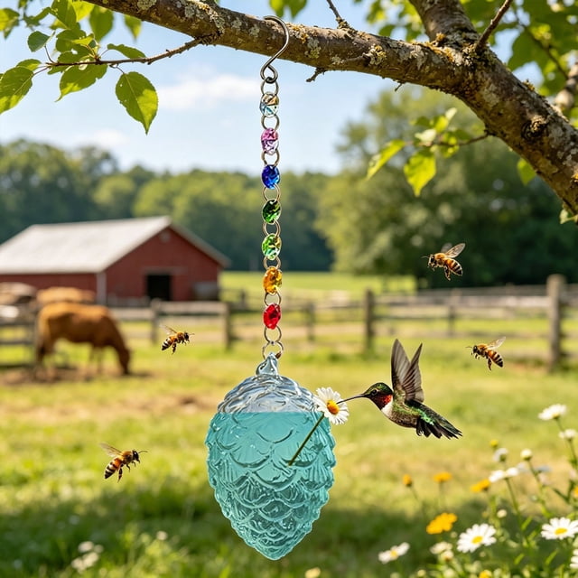 Comedero y Bebedero de Vidrio para Pájaros, Ideal para Jardín Exterior. Comedero para Colibríes Hecho a Mano con Diseño Colgante, Fácil de Limpiar y Resistente a La Decoloración.