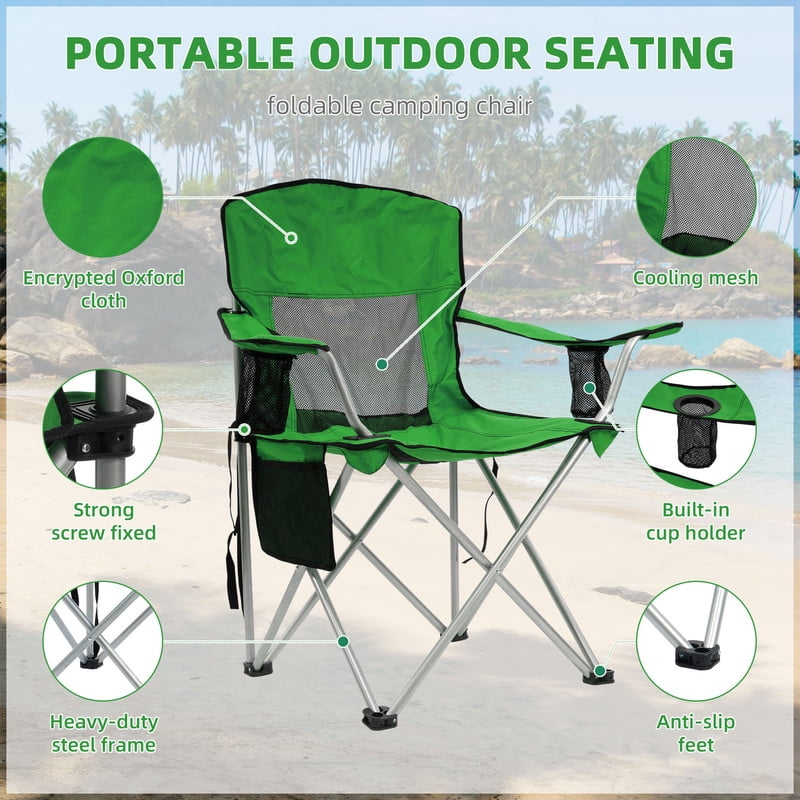 Gianna Foldable Camping Chairs, Outdoor Chair Camping Recliner with Support Mesh Backrest, Camping Recliner Lawn Chair with Cup Holder, Storage Pocket, Carrying Bag, Green