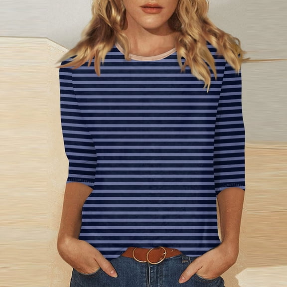 Women's Crew Neck 3/4 Sleeve Striped Print Top, Contrast Trim Casual Slim Fit Basic T-Shirt Blouse for Spring Summer Daily Wear 05-Navy S