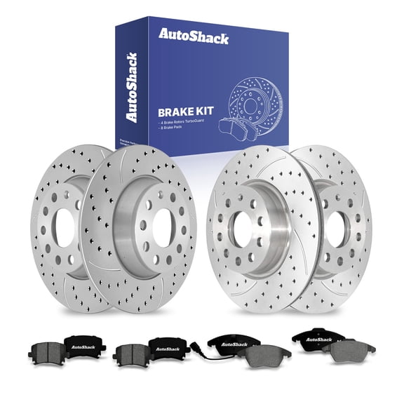 AutoShack Front Vented & Rear Solid Drilled & Slotted Coated Brake Rotors Silver Matte Finish   Premium Ceramic Pads 12-PC Brake Kit Replacement for 2009-2011 Volkswagen Tiguan TurboGuard