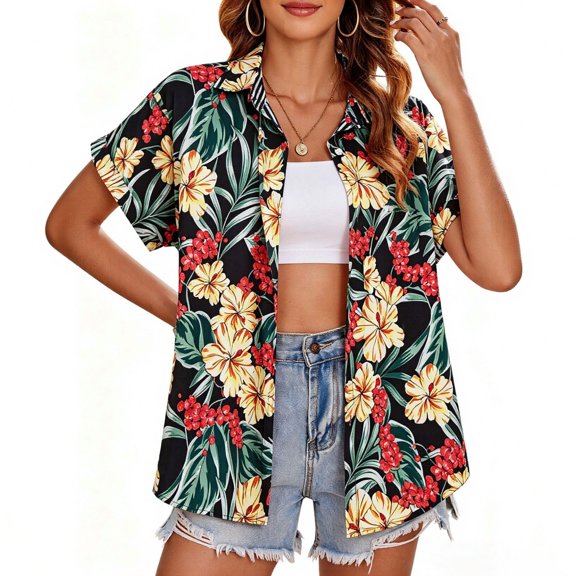 IFNWSV Womens Tops Dressy Casual Short Sleeve Hawaiian Print Button Up Lapel Collar Vacation Beach Polyester Blouse Multicolor L