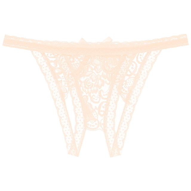 ropa interior de encaje sexy para mujer lencería tangas bragas ropa interior para mujer calzoncillos fridja nalpqowj47805 Beige tanga de encaje, vista frontal centrada; cintura delgada con pequeño lazo central, panel delantero con patrón floral calado y tirantes laterales de encaje sobre fondo blanco. A menudo usada como lencería ligera para ocasiones íntimas.