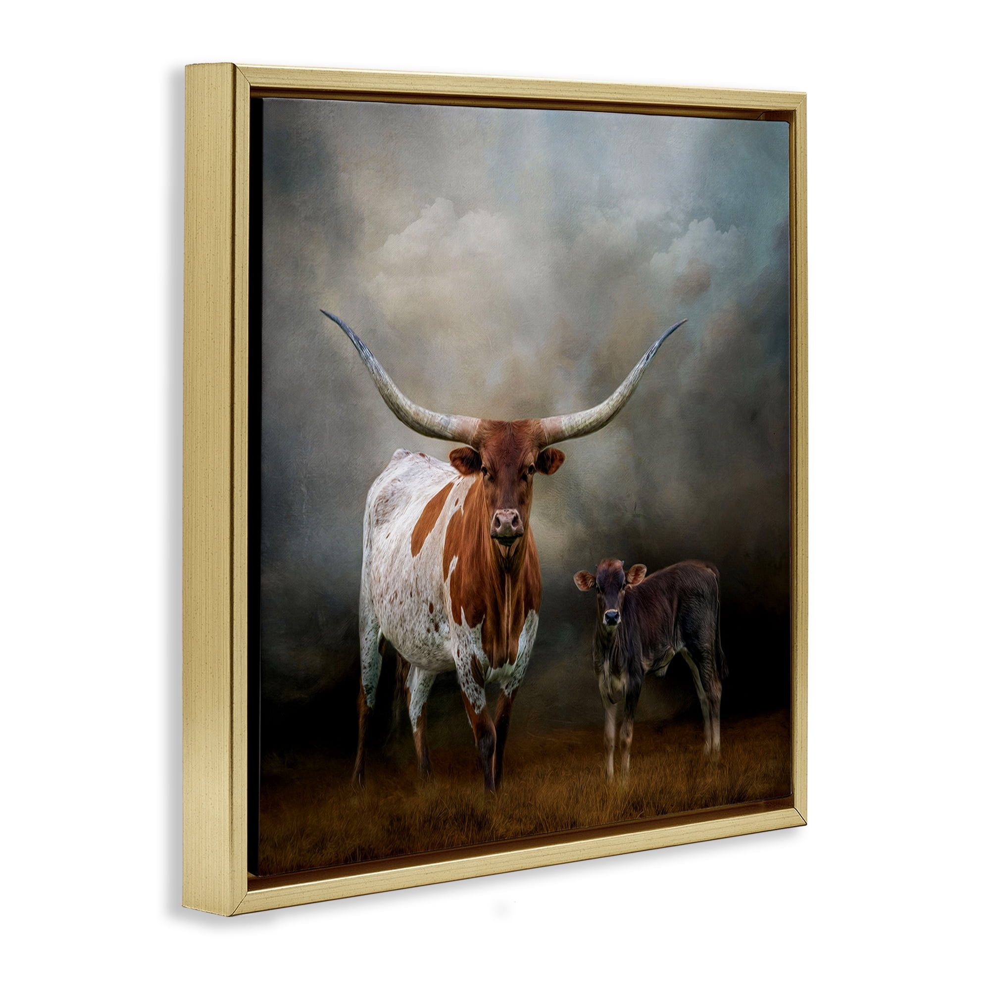 Stupell Industries Longhorn & Calf Babysitter Animals & Insects Painting Gold Floater Framed Canvas Art Print Wall Art, 25 x 25