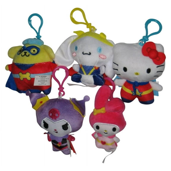 Hello Kitty & Friends Bullsitoy 4-Inch Clip-On Plush Keychain Set - (Super Kitty, Pompompurin, Kuromi, Cinnamoroll & My Melody Rabbit)