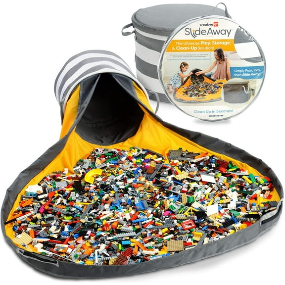 Creative QT - SlideAway Toy Storage Organizer & Play Mat for Kids - Organizer Storage Bin for Toys - Kids Toy Box for Boys & Girls - Playroom Storage - Toy Holders for Kids Rooms - Grey Stripe