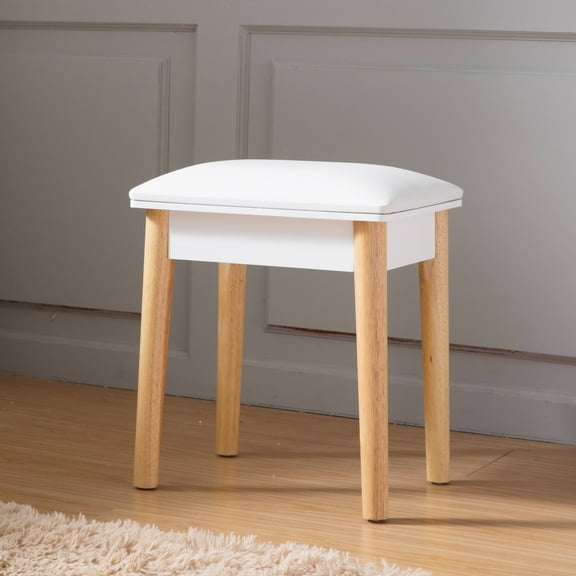 Organizedlife Vanity Stool with Upholstered Seat, Vanity Chair, Desk Stool, Piano Stool with Solid Wood legs for Bebroom and Makeup Room, White