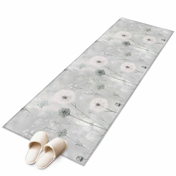 White Green Dandelion Runner Rug 2x6 FT, Non Slip Hallway Carpet, Grey Floral Leaves Washable Soft Floor Carpet Non-Shedding Throw Runner Carpet Long Rug for Entryway Kitchen Bedside Sliding Door