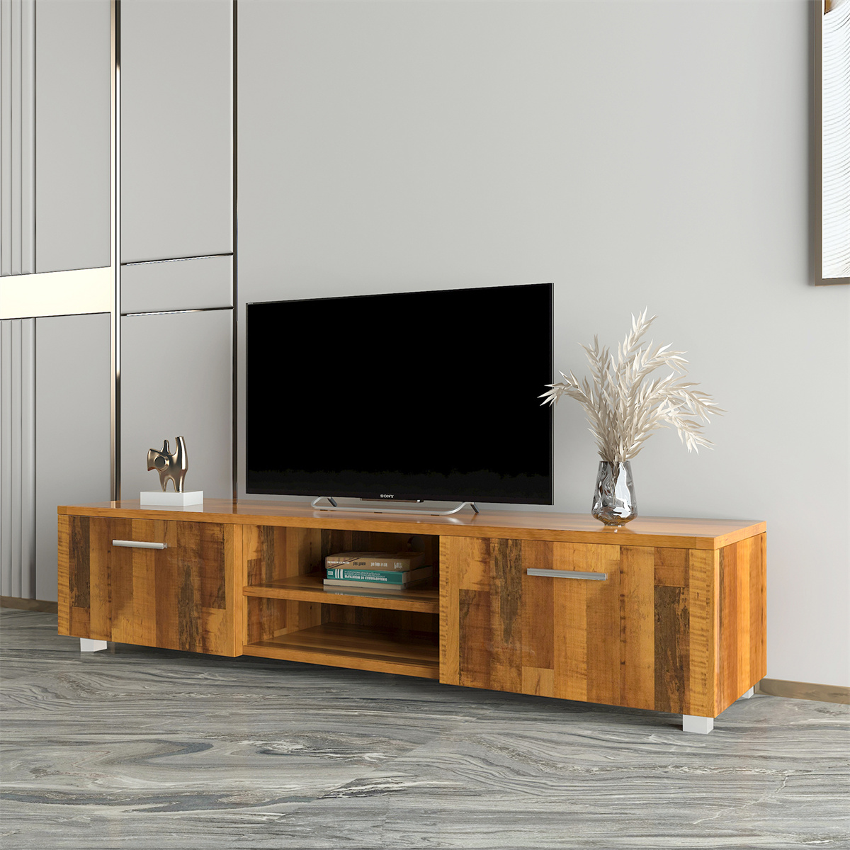 Walnut TV Stand for 70 Inch TV Stands; Media Console Entertainment Center  Television Table; 2 Storage Cabinet with Open Shelves for Living Room