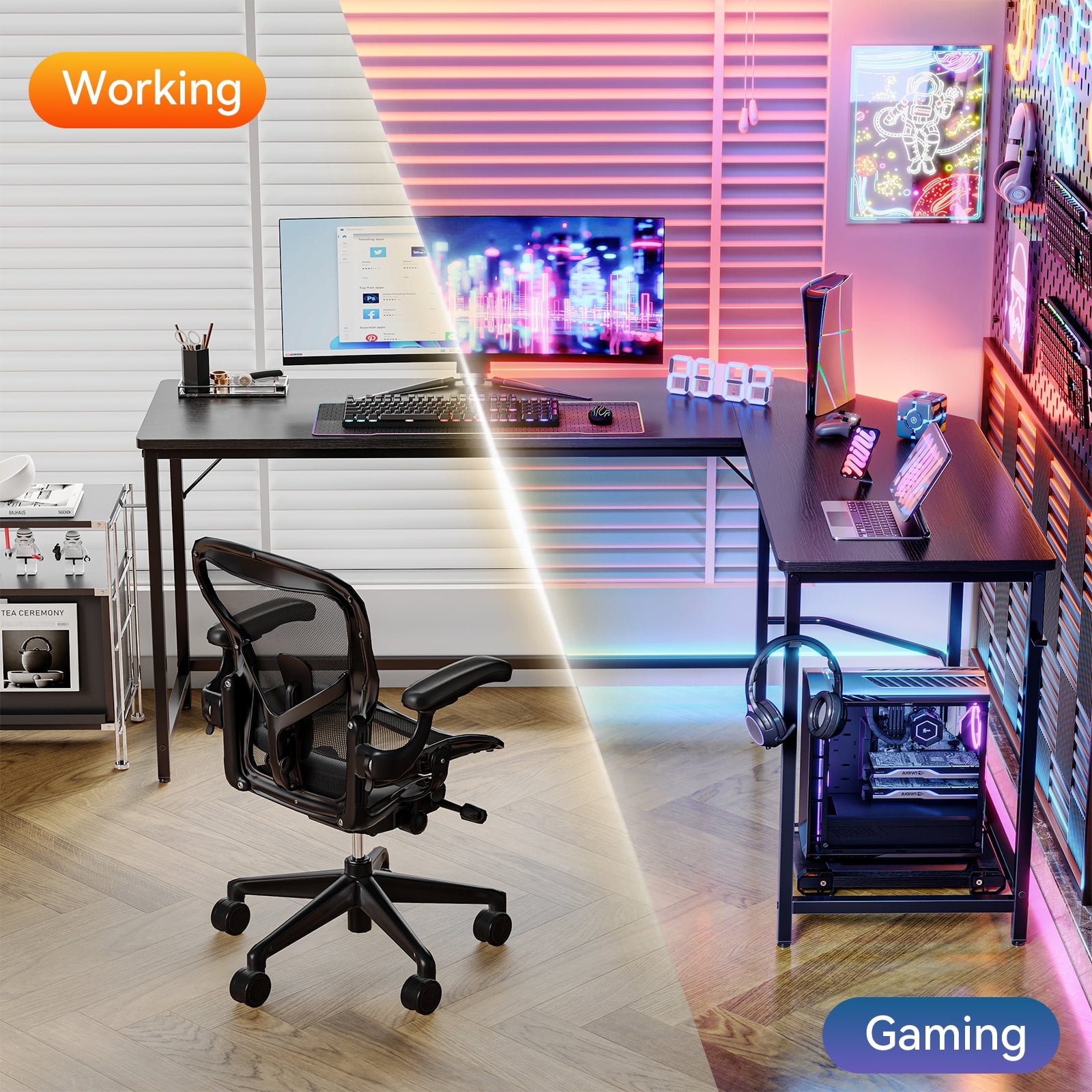 Gianna 66" L-Shaped Gaming Desk, Corner Computer Desk and Home Office Workstation, Sturdy Writing Desk for Gaming or Work