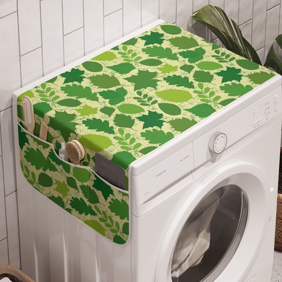 Leaves Washing Machine Organizer, Botanical Herbs Plants Rhythmic Nature Elements on Pastel Toned Backdrop, Anti-slip Fabric Top Cover for Washer and Dryer, Lime Green Apple Green, by Ambesonne