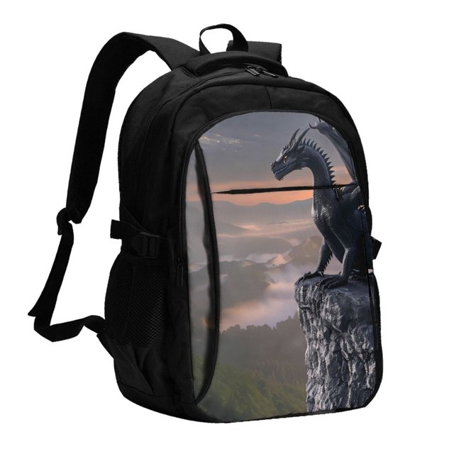 Balery Black Dragon Cliff Dawn Mochila con carga USB para hombre y mujer - Mochila impermeable y antirrobo para portátil con puerto USB para viajes, trabajo, estudios y universidad