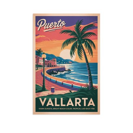 Malecón Classic Poster Retro Puerto Vallarta Cityscape with Beaches & Cobblestone Streets Print Poster