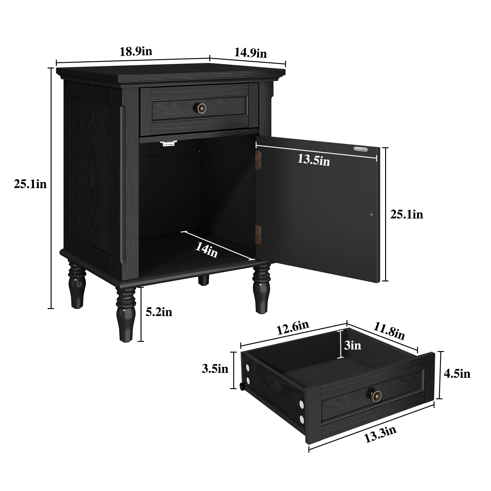HLR 25"H Nightstands Set of 2, Modern Retro Bedside Table with Drawer, End Table for Bedroom, Black