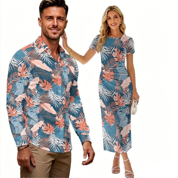 Chririnla Tropical Palm Floral Shirt for Men Match Womens Bodycon Dress,Couples Matching Outfit Hawaiian Luau Clothes Tropical Long Sundress &Dress Shirts for Vacation Party