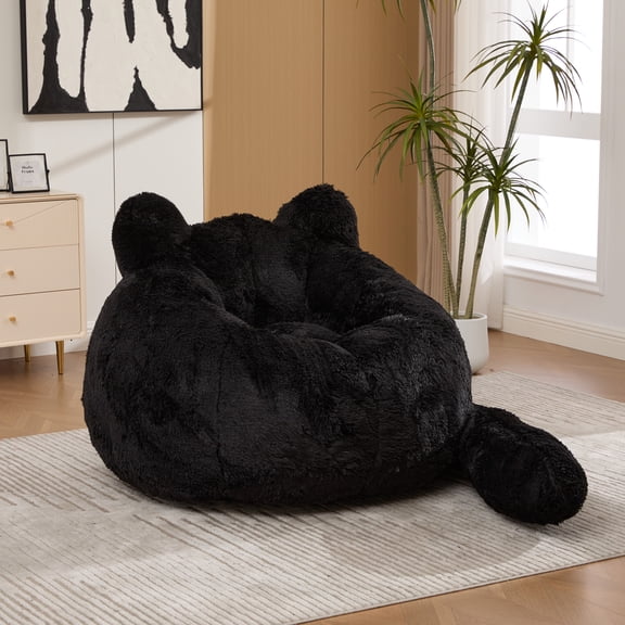 LUFTUT 41.7" Cat Bean Bag Chair with Tail Pillow, Cute Faux Fur Lounge Chair with Shredded Foam Filling, Oversized Floor Sofa for Bedroom Living Room Reading Gaming Room Dorm,Black