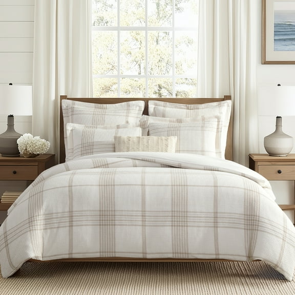 Levtex Home - Waffle Plaid Duvet Cover Set - Full/Queen Duvet (90x94in.) and 2 Standard Shams (20x26in) - Plaid Waffle - Cream/Taupe - Reversible - Cotton