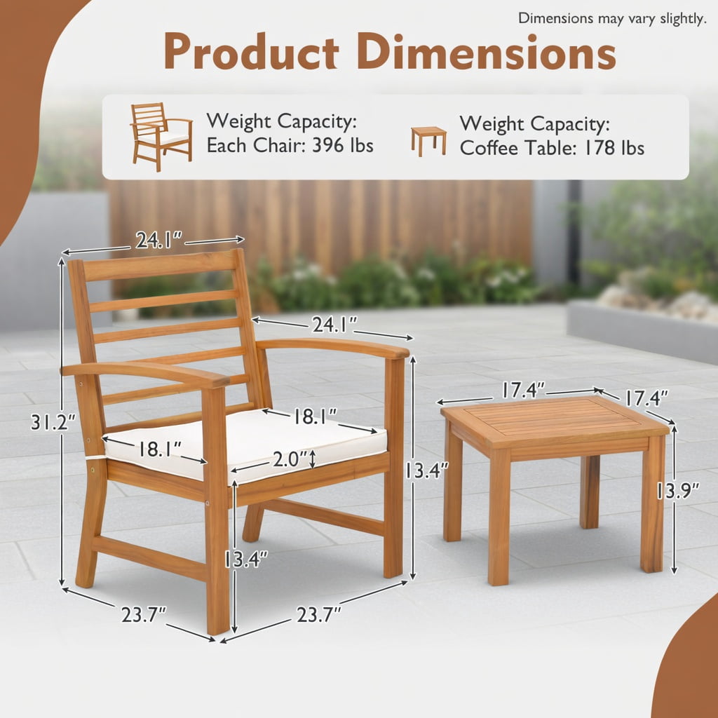 Hommoo 3-Piece Acacia Wood Outdoor Patio Furniture Set with Cushions, Durable Backyard Chair Set with Ergonomic Design and High-Density Foam Seating, White