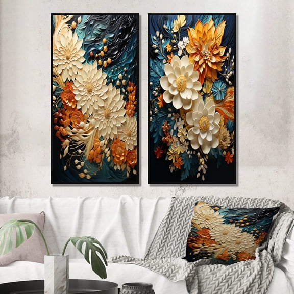 Designart "Orange Teal botanic Whirlwind II" Abstract Botanicals Framed Wall Art Set Of 2 - Orange Floral Gallery Wall Frame Set For Home Decor
