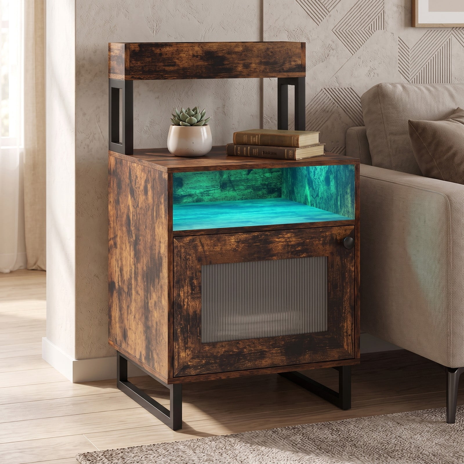 Furnibear Nightstand with LED Lights and Fluted Glass Cabinet Door plus Open Compartment and Raised Shelf for Bedroom, Rustic Brown