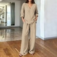 thumbnail image 2 of Vertical Stripe Two Piece Pant Set for Women, V Neck Short Sleeve Pocket Resort Loungewear Suit Khaki XL(XL), 2 of 6