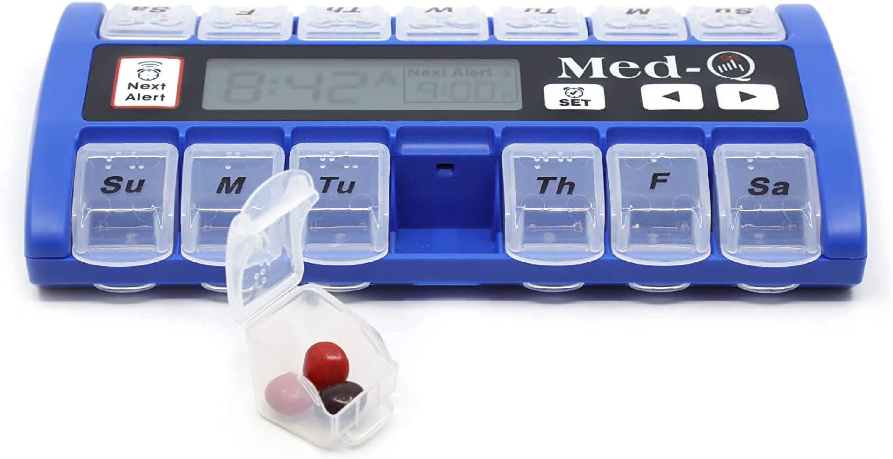 MED-Q Digital Pill Box Organizer, 2 Beep Reminder, LED Alert, Blue
