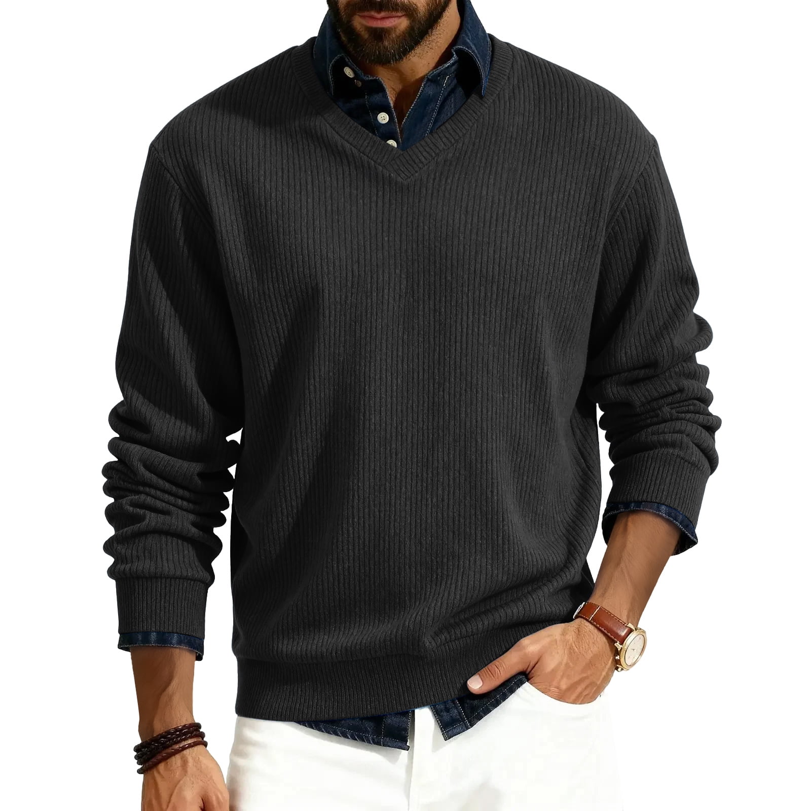 トップス Eddie Bauer dark gray V neck knit Eddie Bauer Men's Relaxed Fit Double Knit Shirt, Crewneck Soft