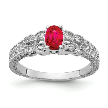 14K White Gold 6x4mm Oval Ruby AA Diamond Ring Size 7